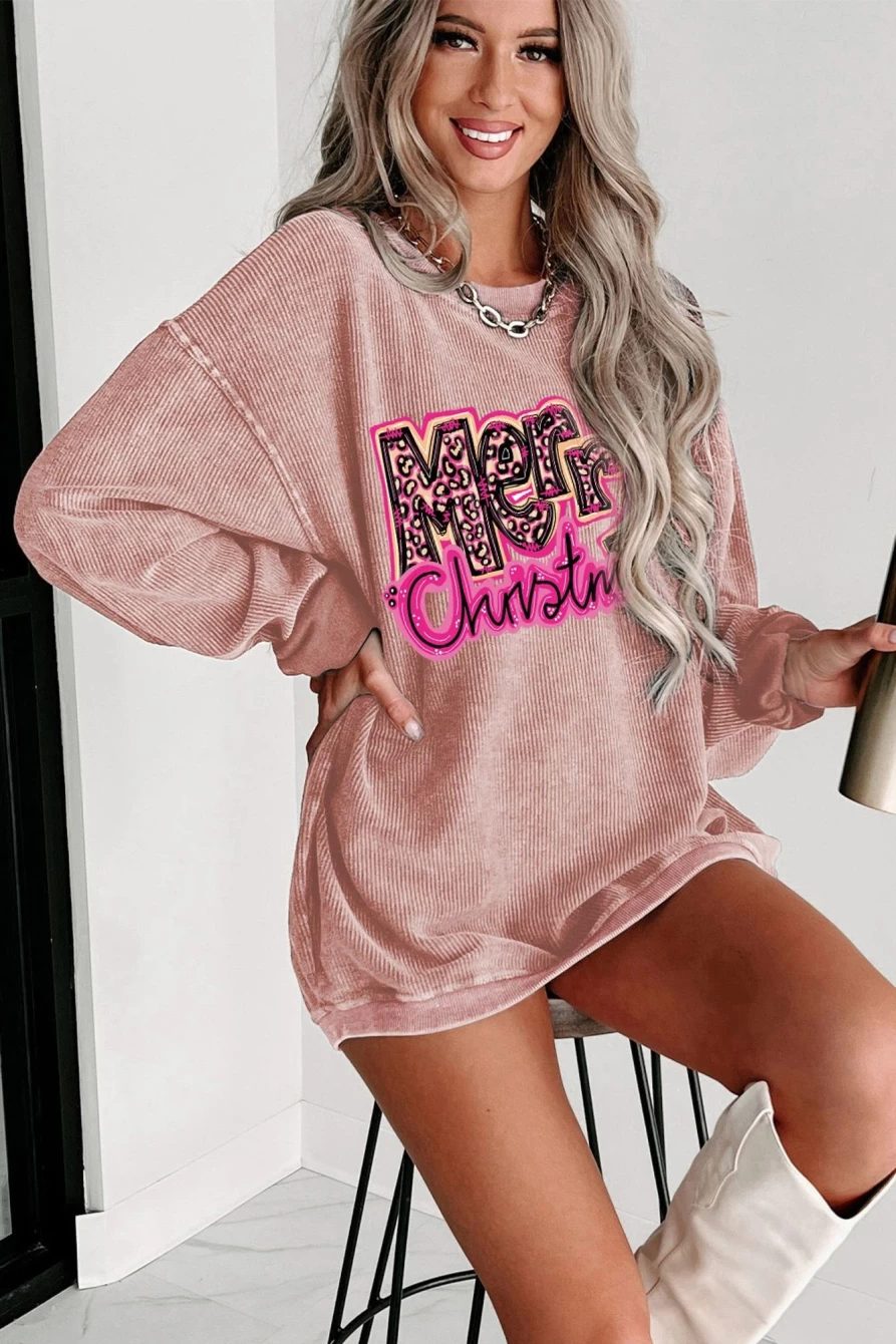 Women's Pink Merry Christmas Graphic Sweatshirt - Shewin Festive Holiday Pullover