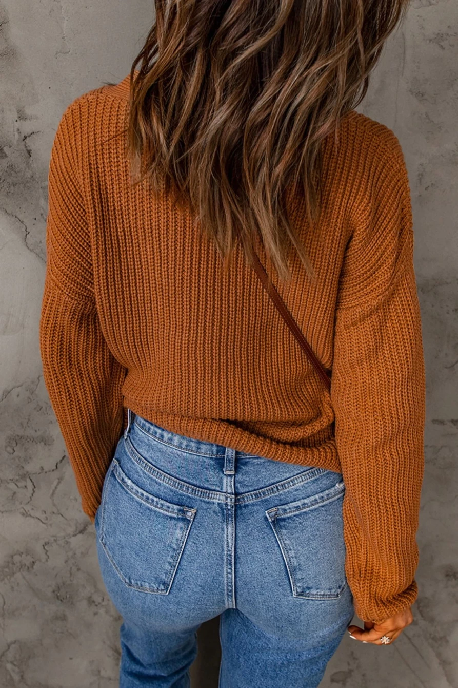 Shewin Women's Brown Button V-Neck Casual Drop Sleeve Knit Cardigan Sweater