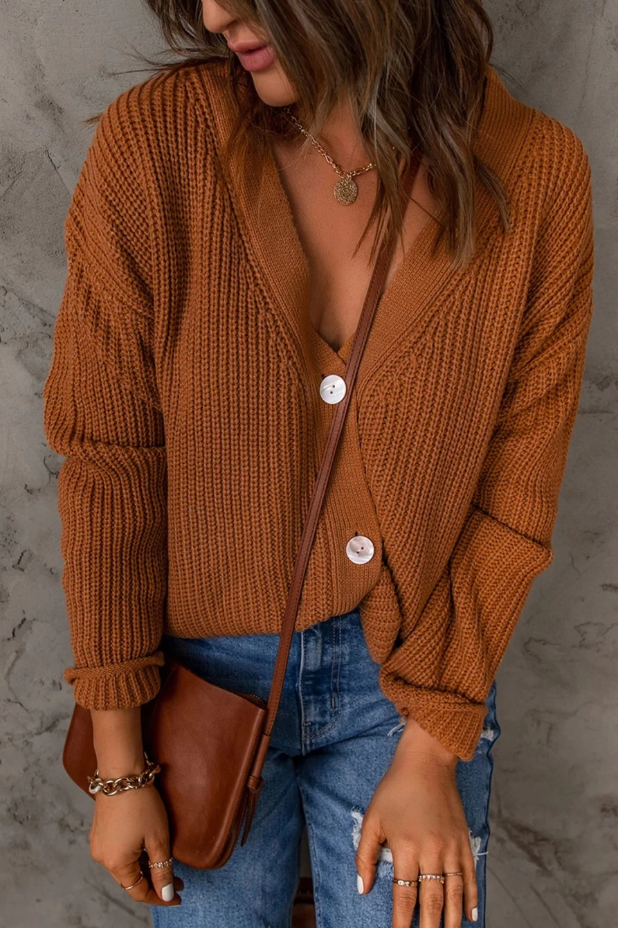 Shewin Women's Brown Button V-Neck Casual Drop Sleeve Knit Cardigan Sweater