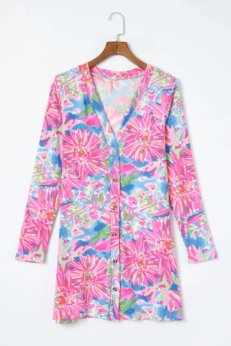 Women's Pink Floral Print Long Sleeve Button-Up Cardigan - Shewin
