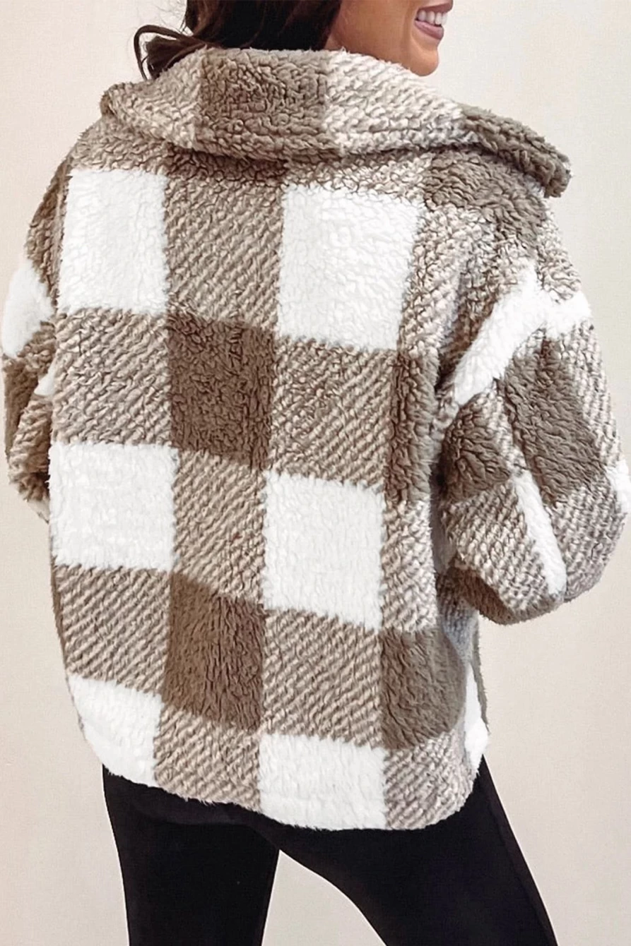 Shewin Women's Khaki Plaid Sherpa Jacket with Buttoned Collar