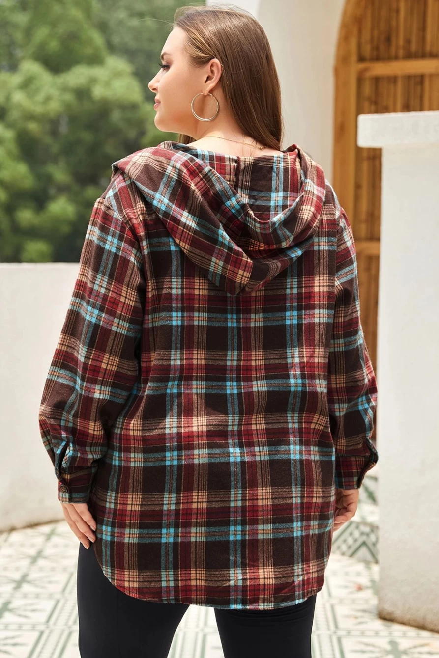 Shewin Women's Red Plus Size Plaid Drawstring Hoodie with Kangaroo Pocket