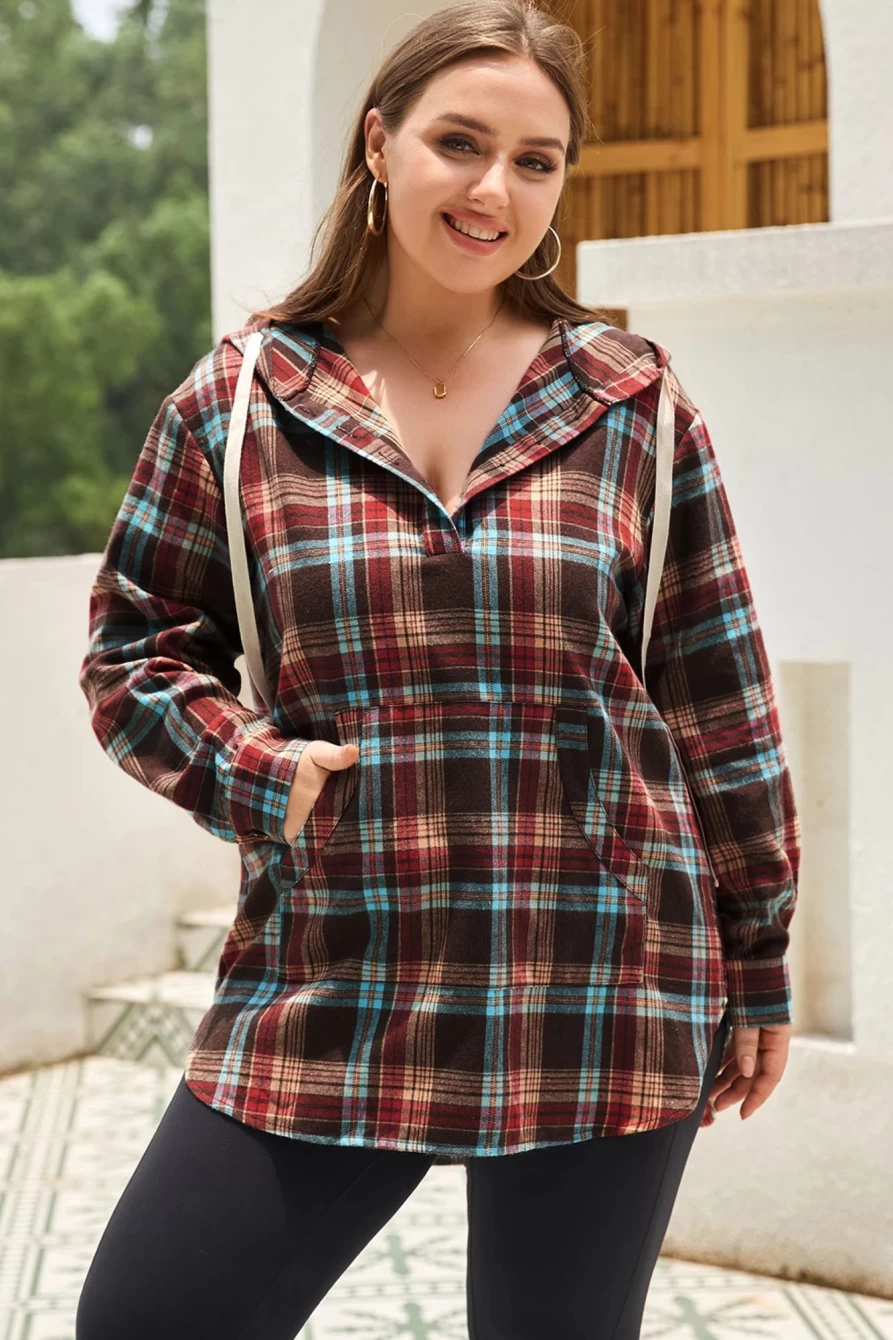 Shewin Women's Red Plus Size Plaid Drawstring Hoodie with Kangaroo Pocket