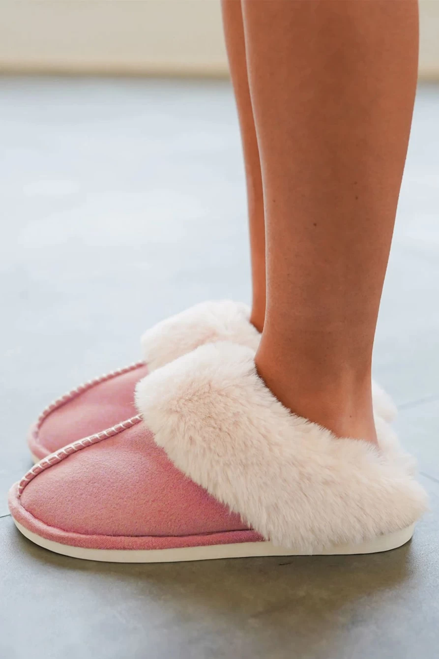 Women's Pink Khaki Faux Suede Plush Lined Slip-On Slippers by Shewin