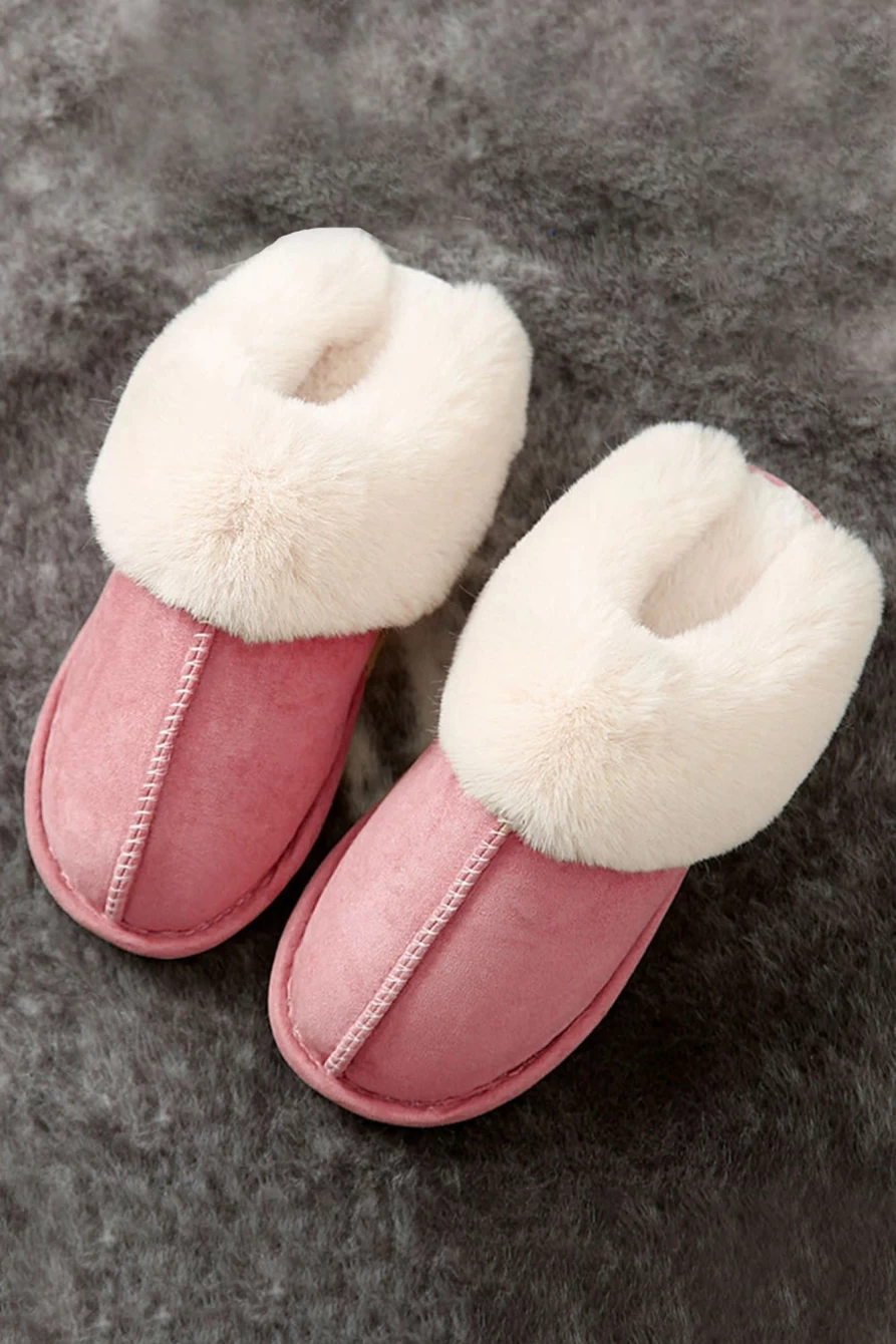 Women's Pink Khaki Faux Suede Plush Lined Slip-On Slippers by Shewin