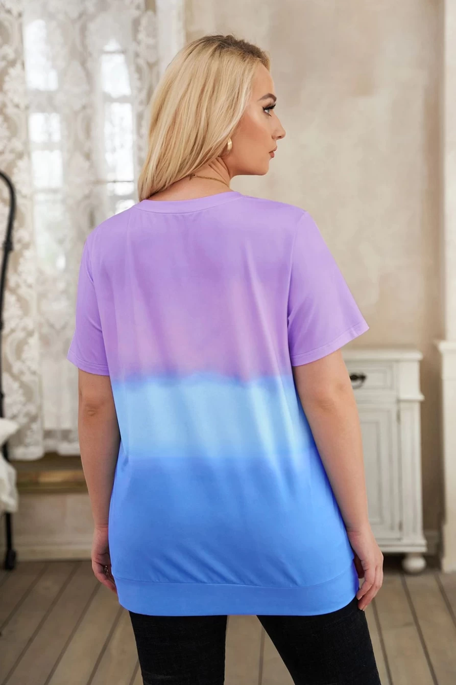 Shewin Women's Purple Tie-Dye Colorblock Casual Tee - Plus Size Crew Neck T-Shirt
