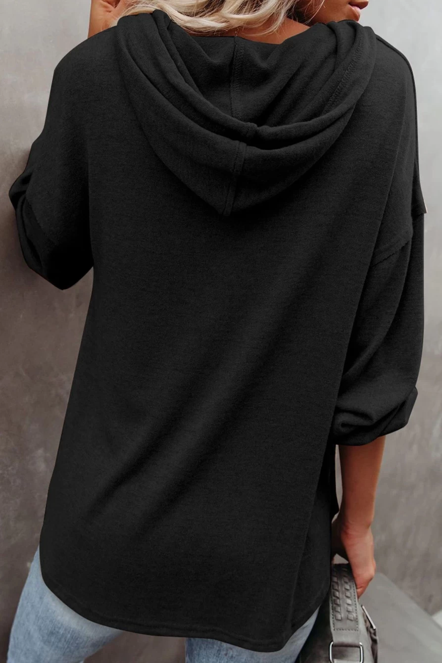 Shewin Women's Black-2 Button Front Hooded Pullover Sweatshirt