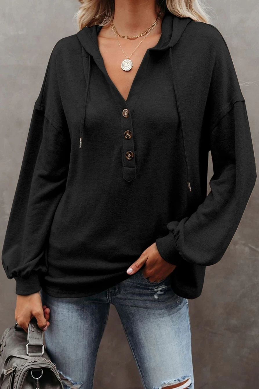 Shewin Women's Black-2 Button Front Hooded Pullover Sweatshirt