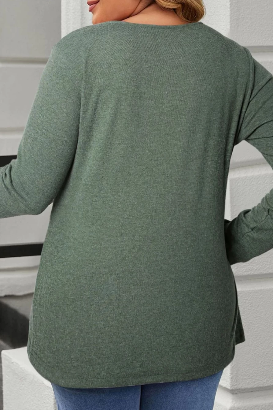 Shewin Women's Plus Size Mist Green Snap Button Henley Top