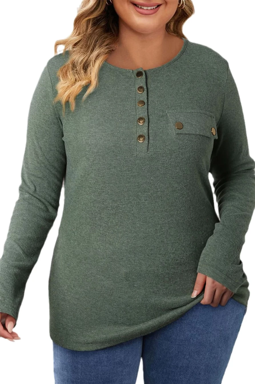 Shewin Women's Plus Size Mist Green Snap Button Henley Top
