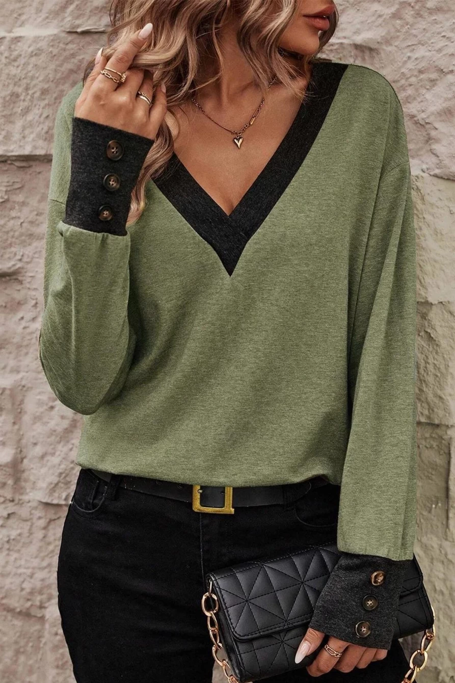 Shewin Women's Moss Green Contrast V-Neck Long Sleeve Top with Button Decor