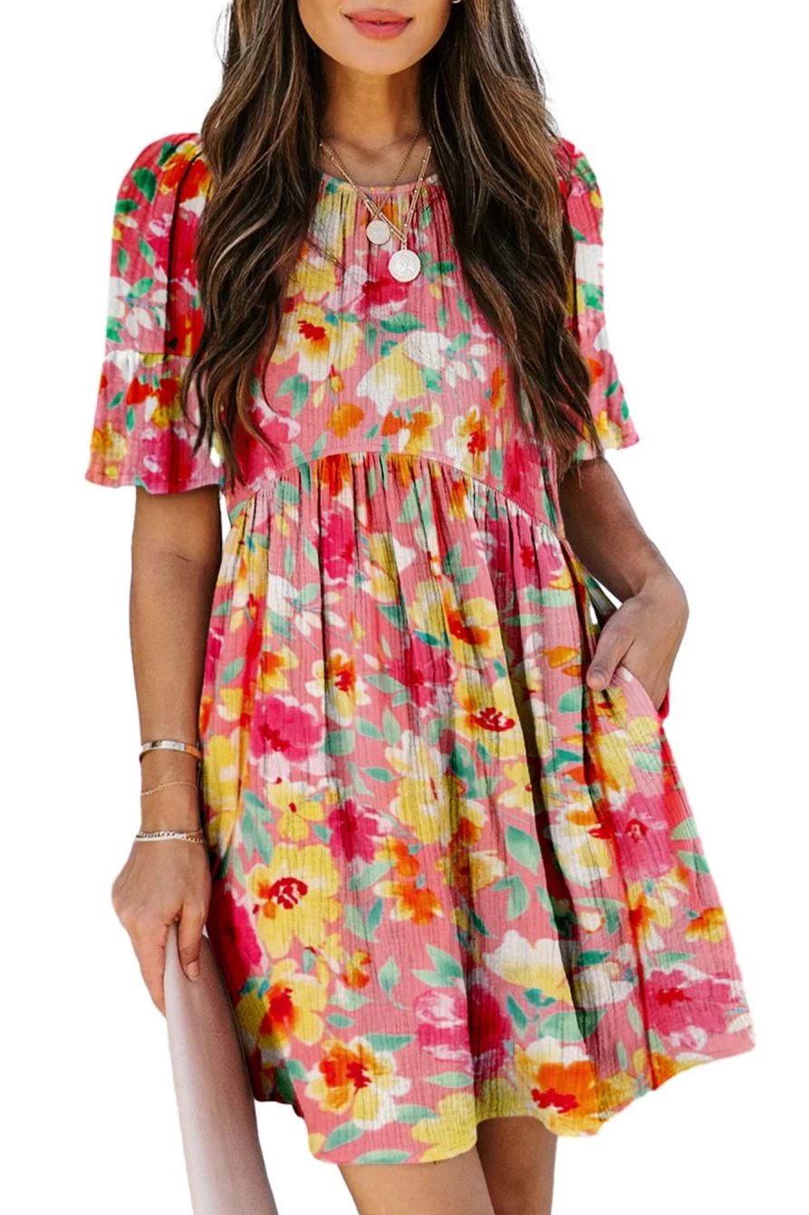 Shewin Women's Multicolour Floral Print Flounce Sleeve Pleated Mini Dress