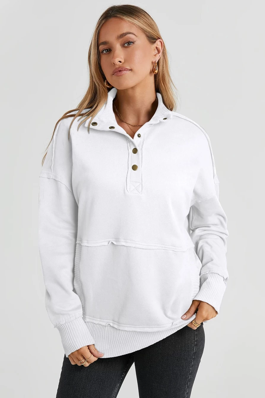 Women's White Ribbed Trim Snap Button Collar Kangaroo Pocket Sweatshirt by Shewin