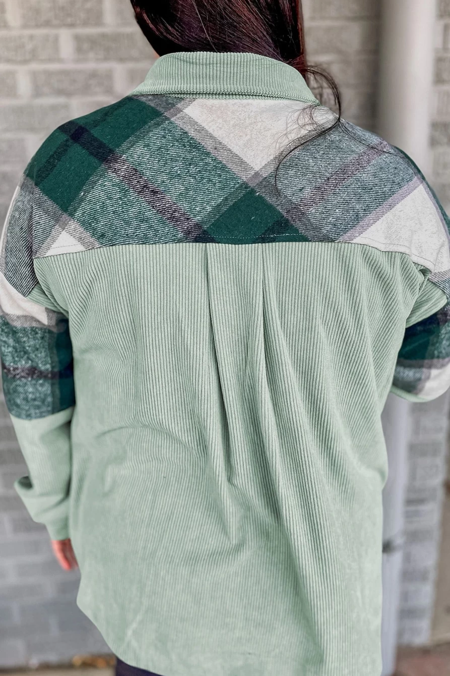 Shewin Women's Green Plaid Patchwork Plus Size Corduroy Shacket Jacket