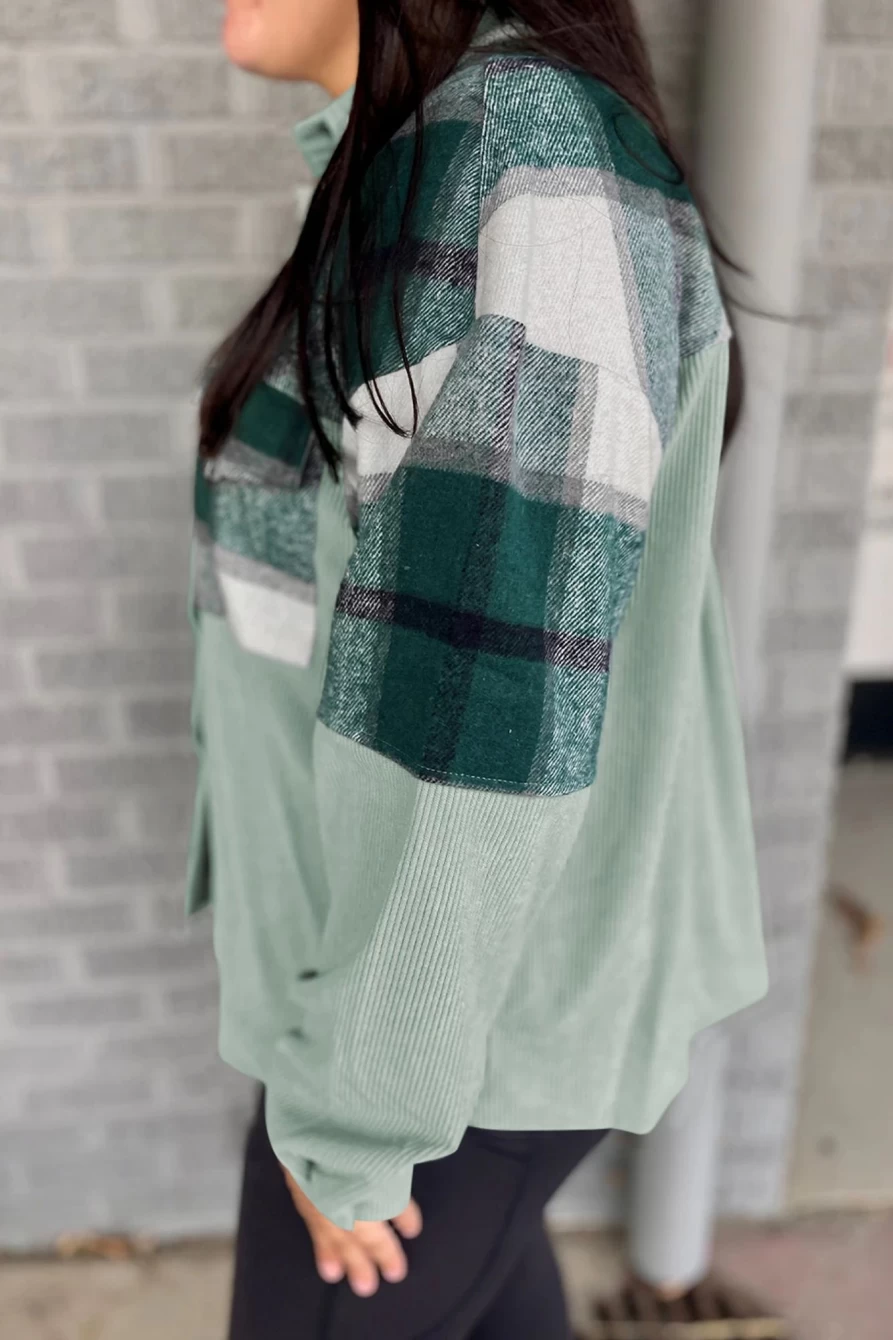Shewin Women's Green Plaid Patchwork Plus Size Corduroy Shacket Jacket