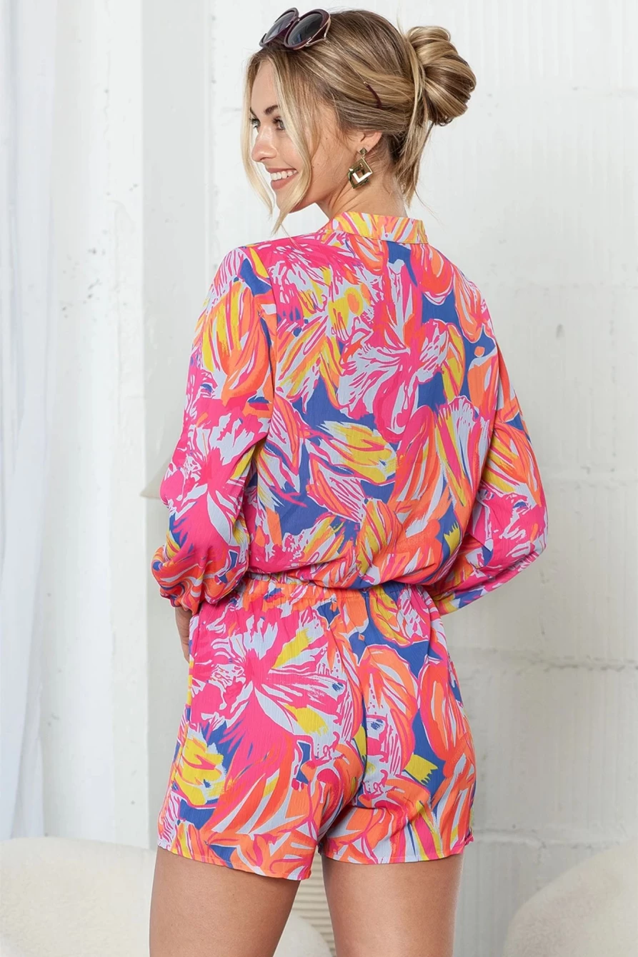 Shewin Women's Multicolor Abstract Print Notch Neck Short Romper