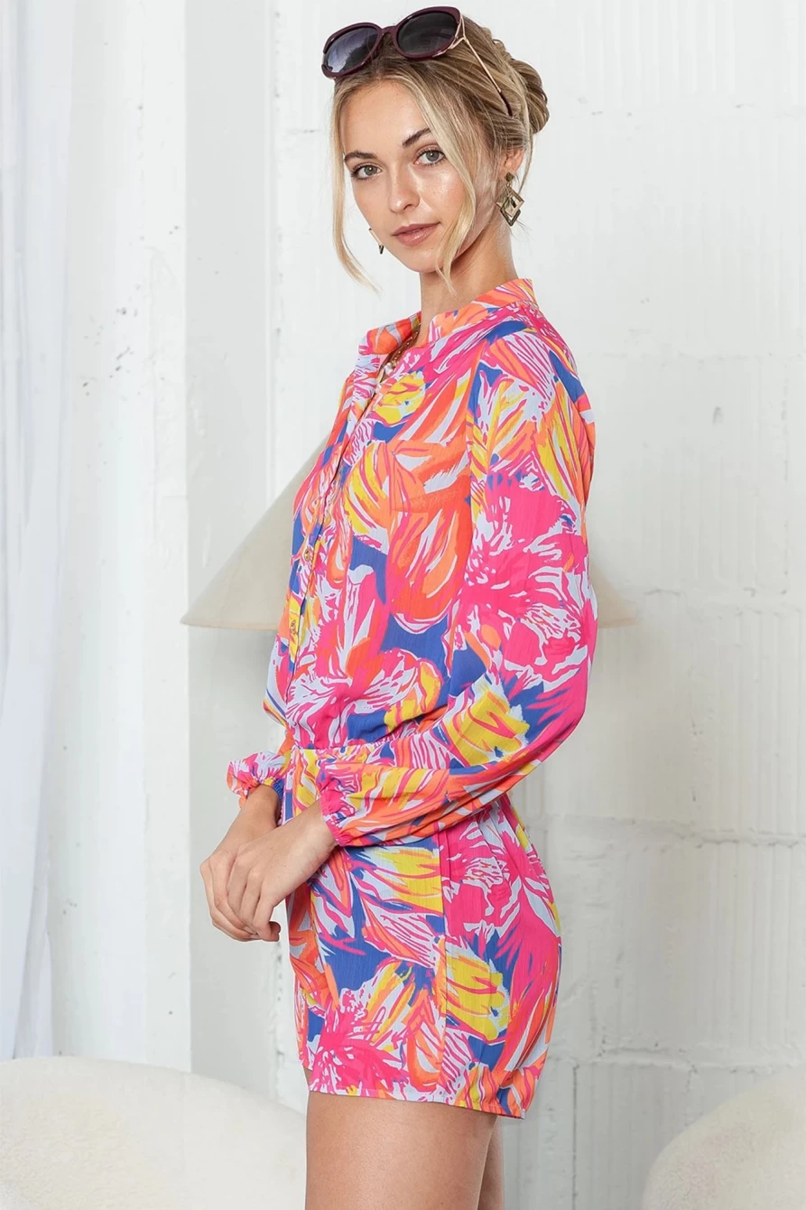Shewin Women's Multicolor Abstract Print Notch Neck Short Romper
