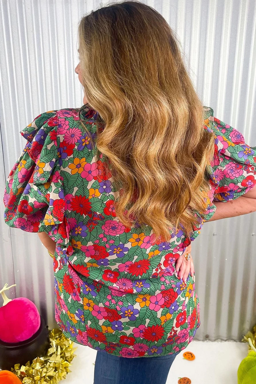 Shewin Women's Multicolour Floral Print Plus Size Blouse with Ruffle V-Neck & Bubble Sleeves