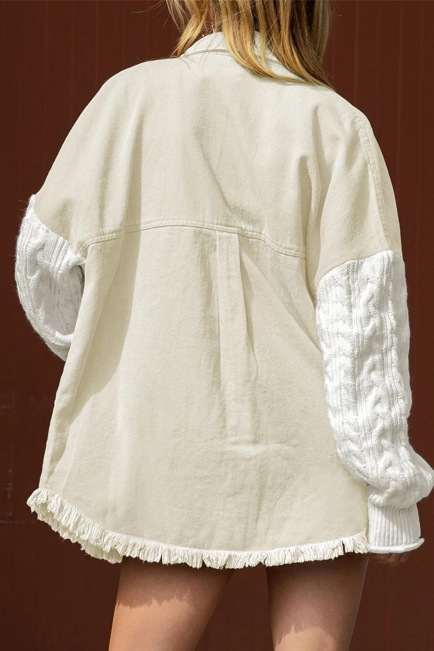 Women's Beige Cable Knit Patchwork Sleeve Raw Hem Shacket by Shewin
