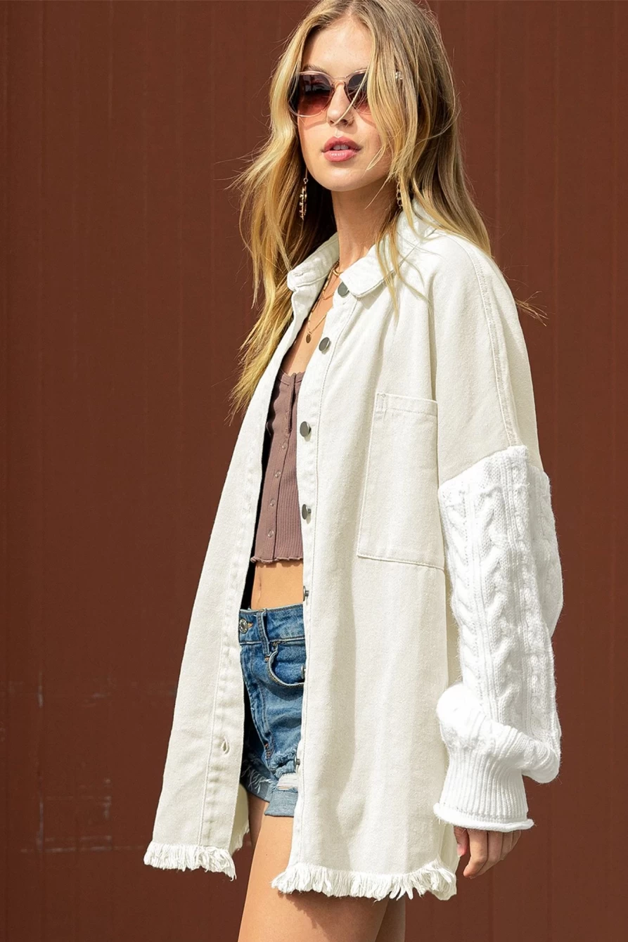 Women's Beige Cable Knit Patchwork Sleeve Raw Hem Shacket by Shewin