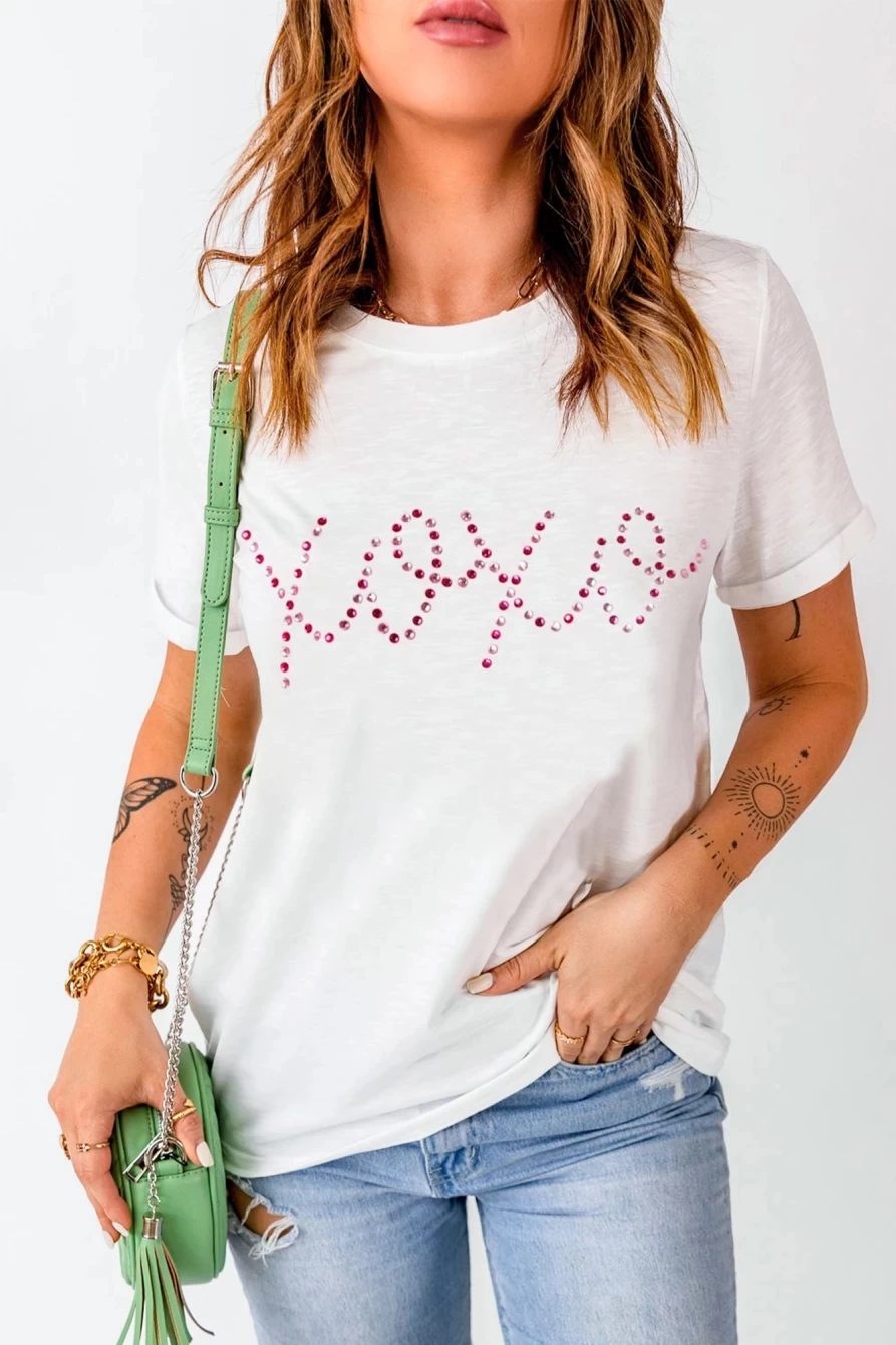 Shewin Women's White Rhinestone XOXO Valentine's Day Graphic Crewneck Tee