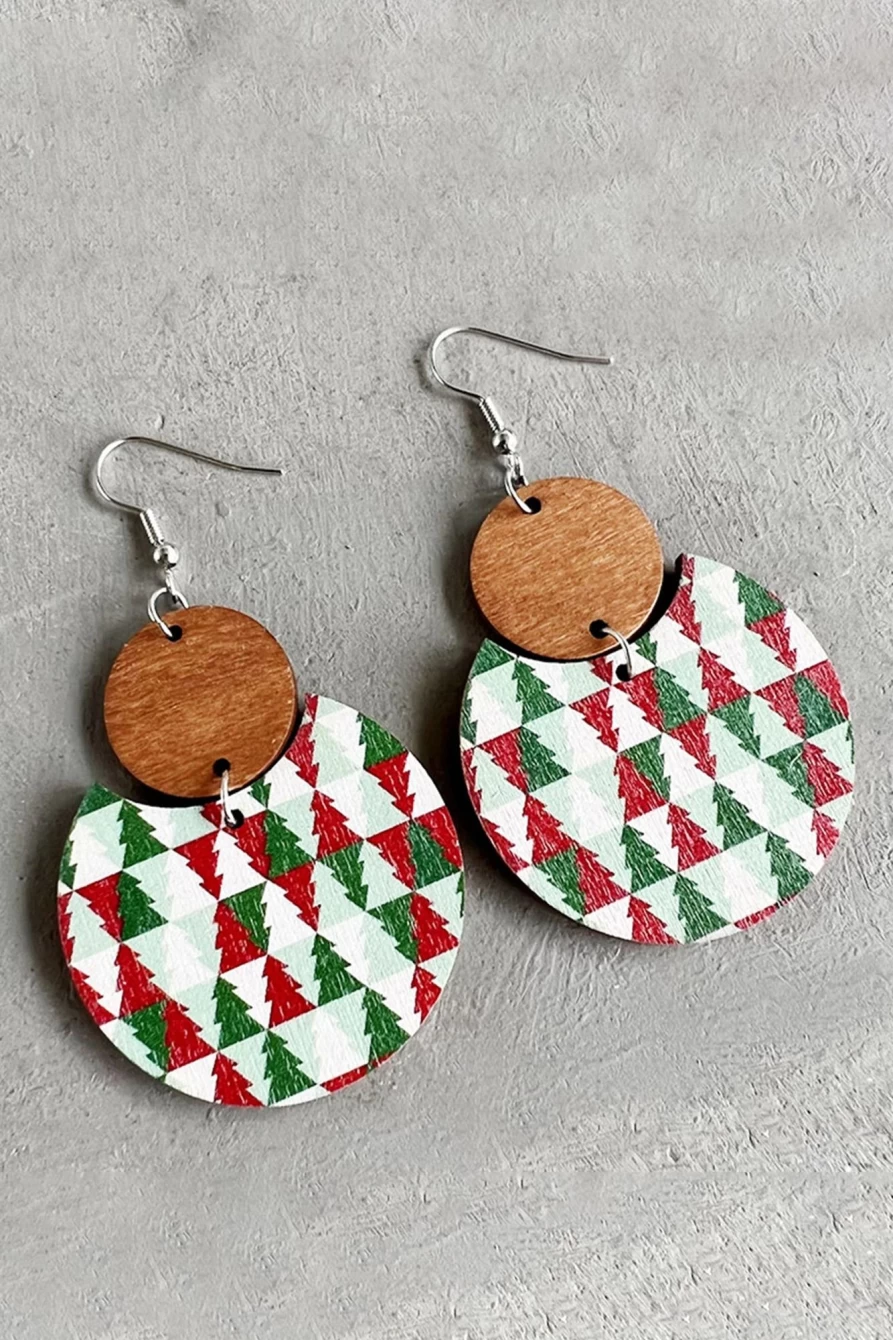 Shewin Dark Green Christmas Checker Wooden Earrings for Women - Festive Holiday Dangle Earrings
