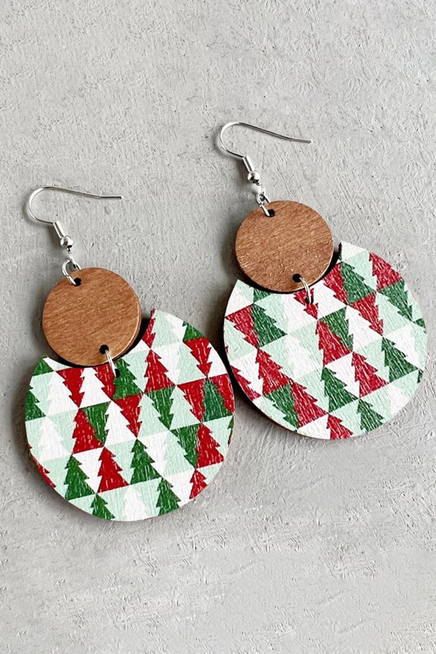 Shewin Dark Green Christmas Checker Wooden Earrings for Women - Festive Holiday Dangle Earrings
