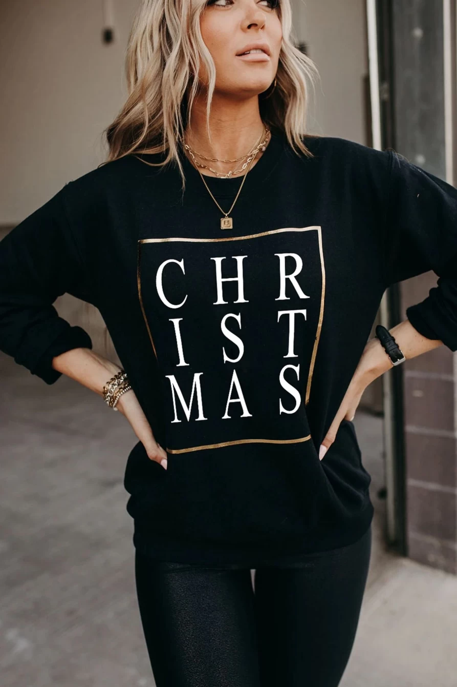 Shewin Women's Black Christmas Glitter Graphic Sweatshirt - Festive Holiday Crew Neck Pullover