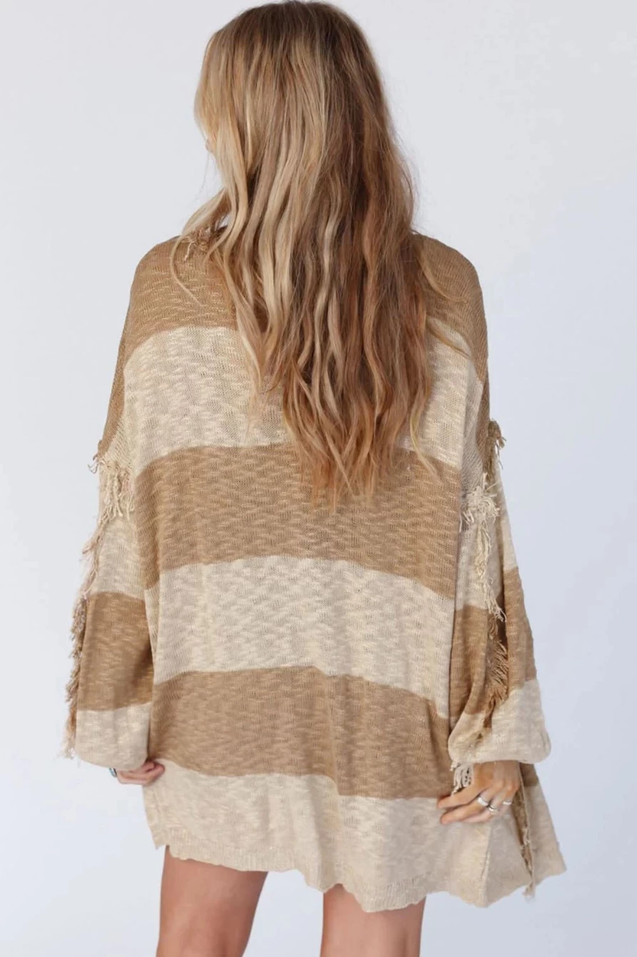 Women's Khaki Stripe Lantern Sleeve Fringed Open Front Cardigan - SHEWIN