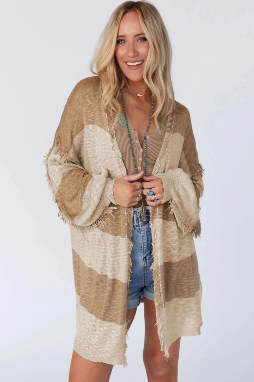 Women's Khaki Stripe Lantern Sleeve Fringed Open Front Cardigan - SHEWIN