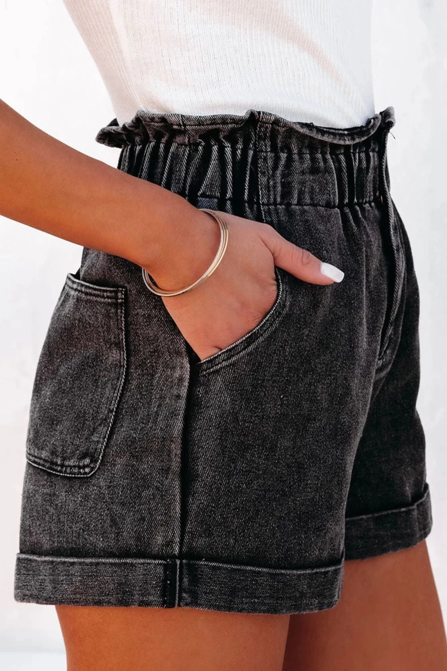 Shewin Women's Black Vintage Washed High Waist Frilled Denim Shorts