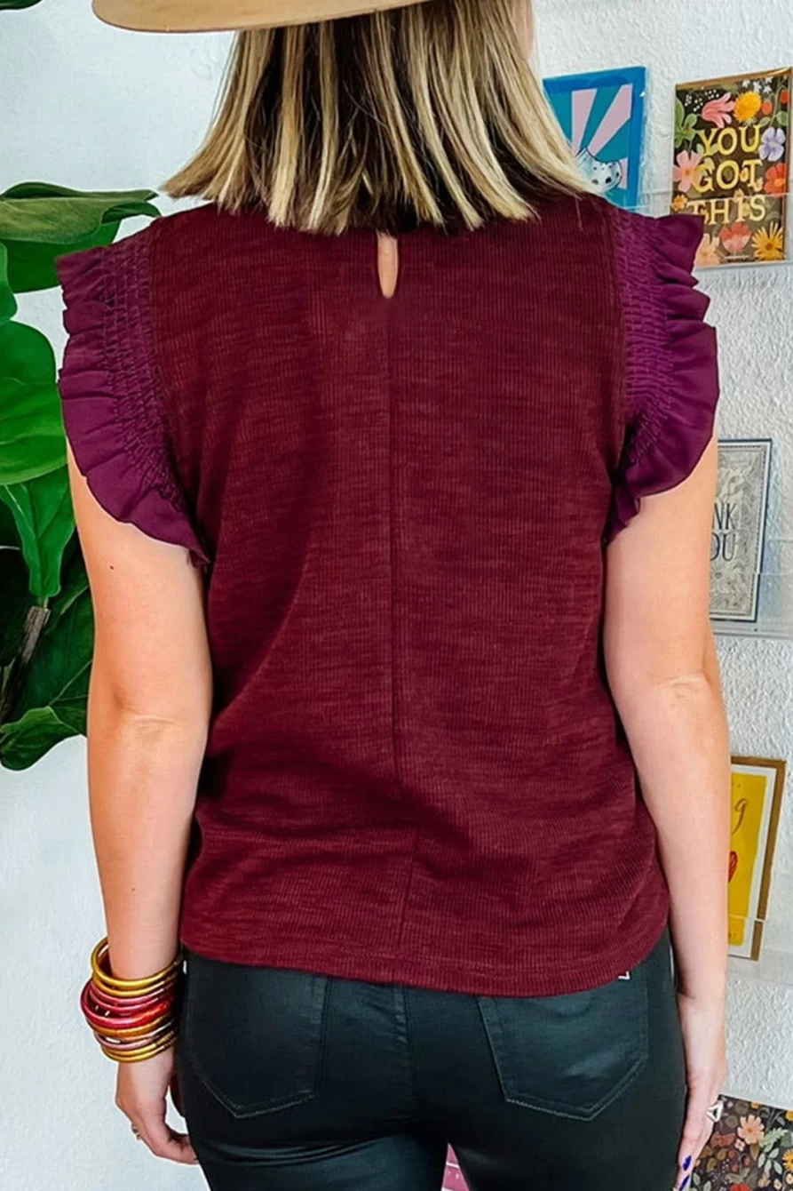 Shewin Women's Burgundy Frilled Neck Flutter Shoulder Blouse - Elegant Ruffle Detail Top