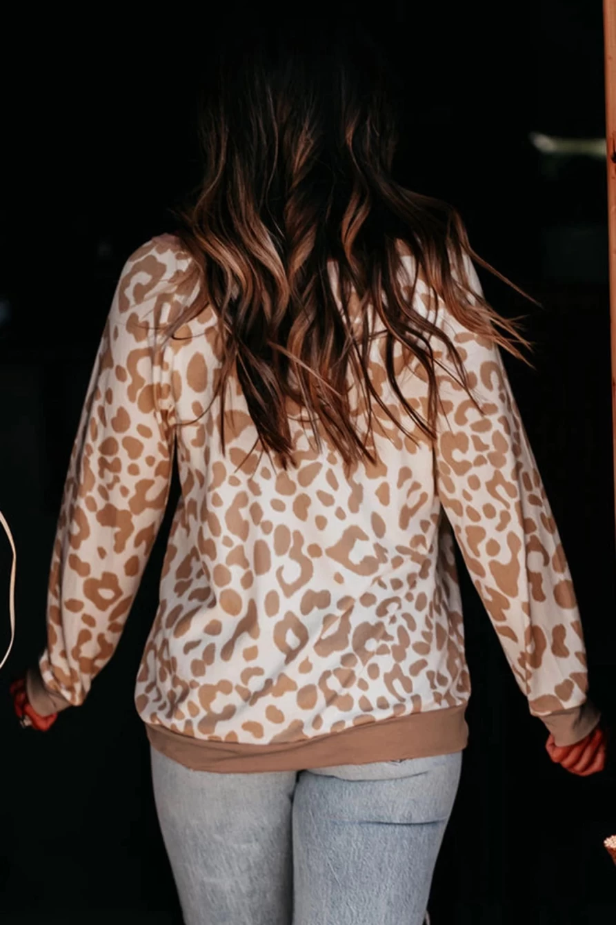 Shewin Women's Khaki Printed Leopard Plus Size Long Sleeve Boat Neck Top