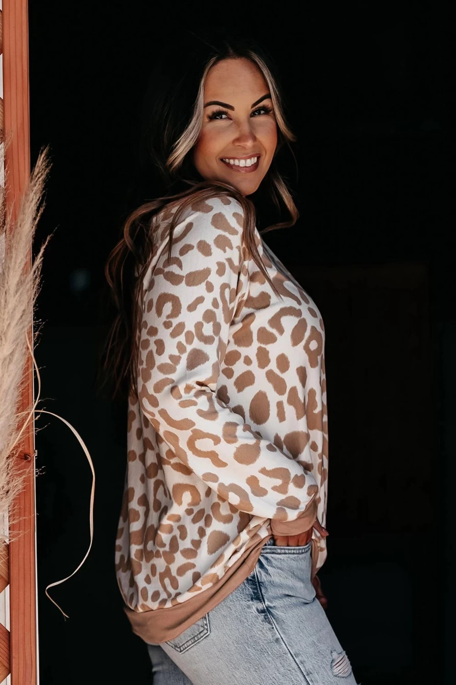 Shewin Women's Khaki Printed Leopard Plus Size Long Sleeve Boat Neck Top