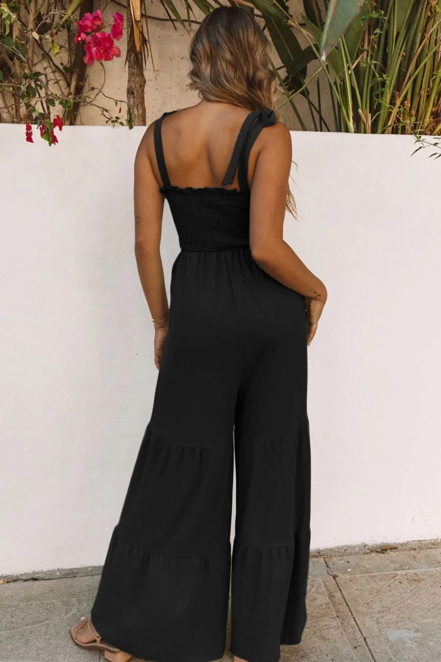 Shewin Women's Black Tie-Strap Shirred Casual Tiered Wide-Leg Jumpsuit