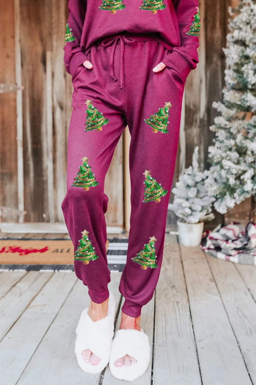 "SheWin Women's Red Sequined Christmas Tree Print Loungewear Set Holiday Pajamas"