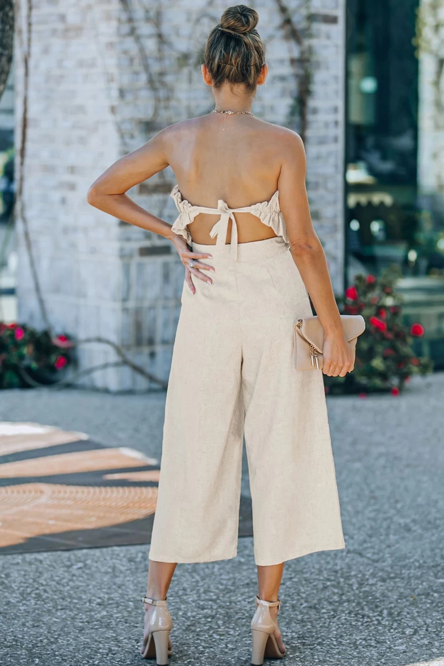 Shewin Women's Beige Elegant Ruffled Strapless Wide Leg Jumpsuit