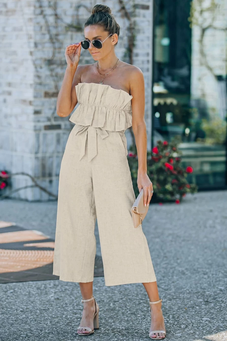 Shewin Women's Beige Elegant Ruffled Strapless Wide Leg Jumpsuit