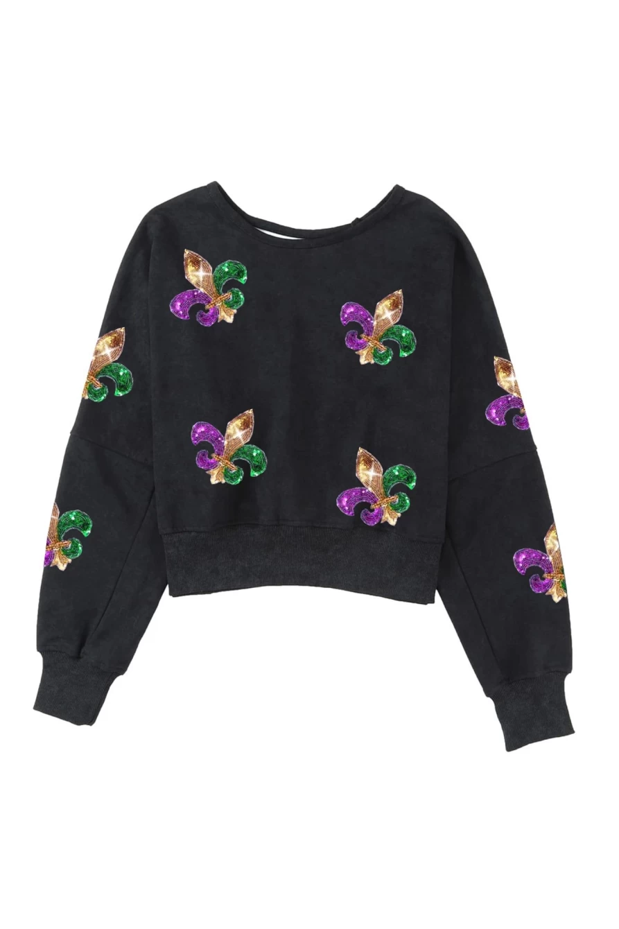 Shewin Women's Black Mardi Gras Sequin Graphic Sweatshirt - Open Back Party Top