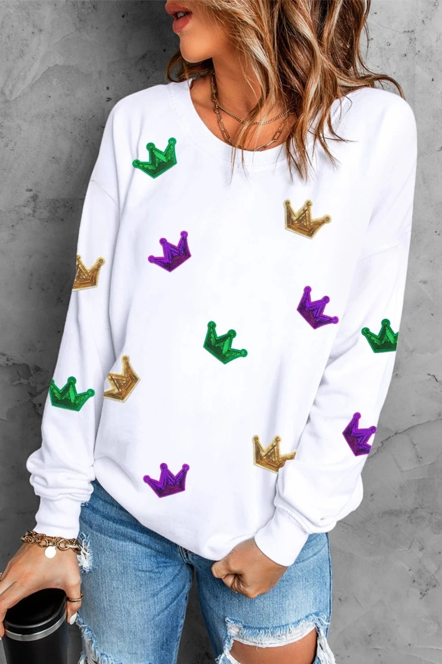 Shewin Women's White Mardi Gras Crown Graphic Drop Shoulder Sweatshirt
