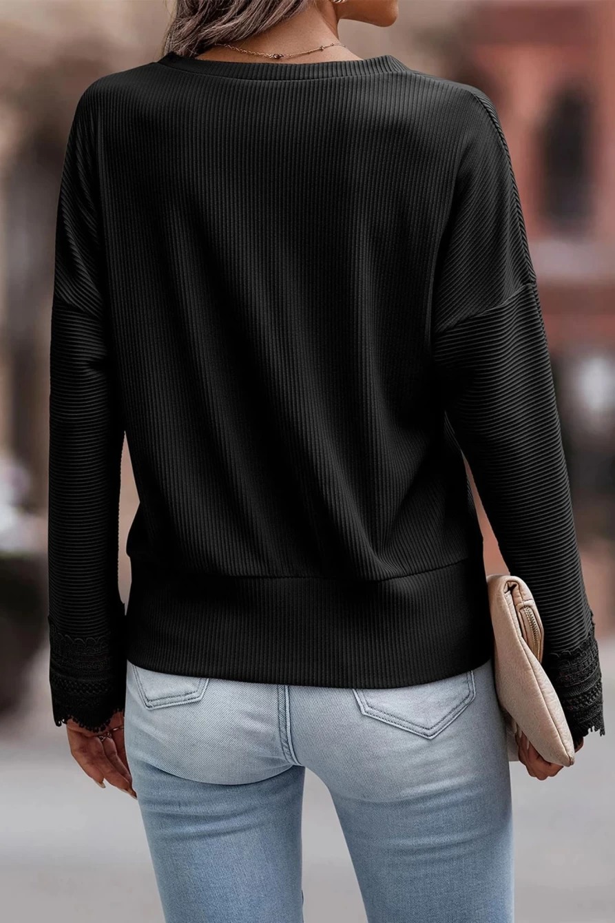 Shewin Women's Black Ribbed Lace Trim V-Neck Long Sleeve T-Shirt
