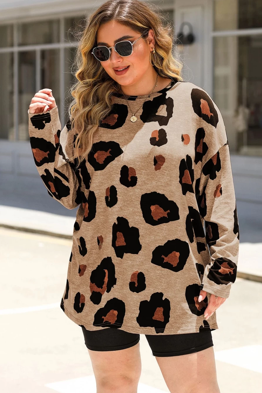 Shewin Women's Leopard Print Multicolor Long Sleeve Plus Size Top