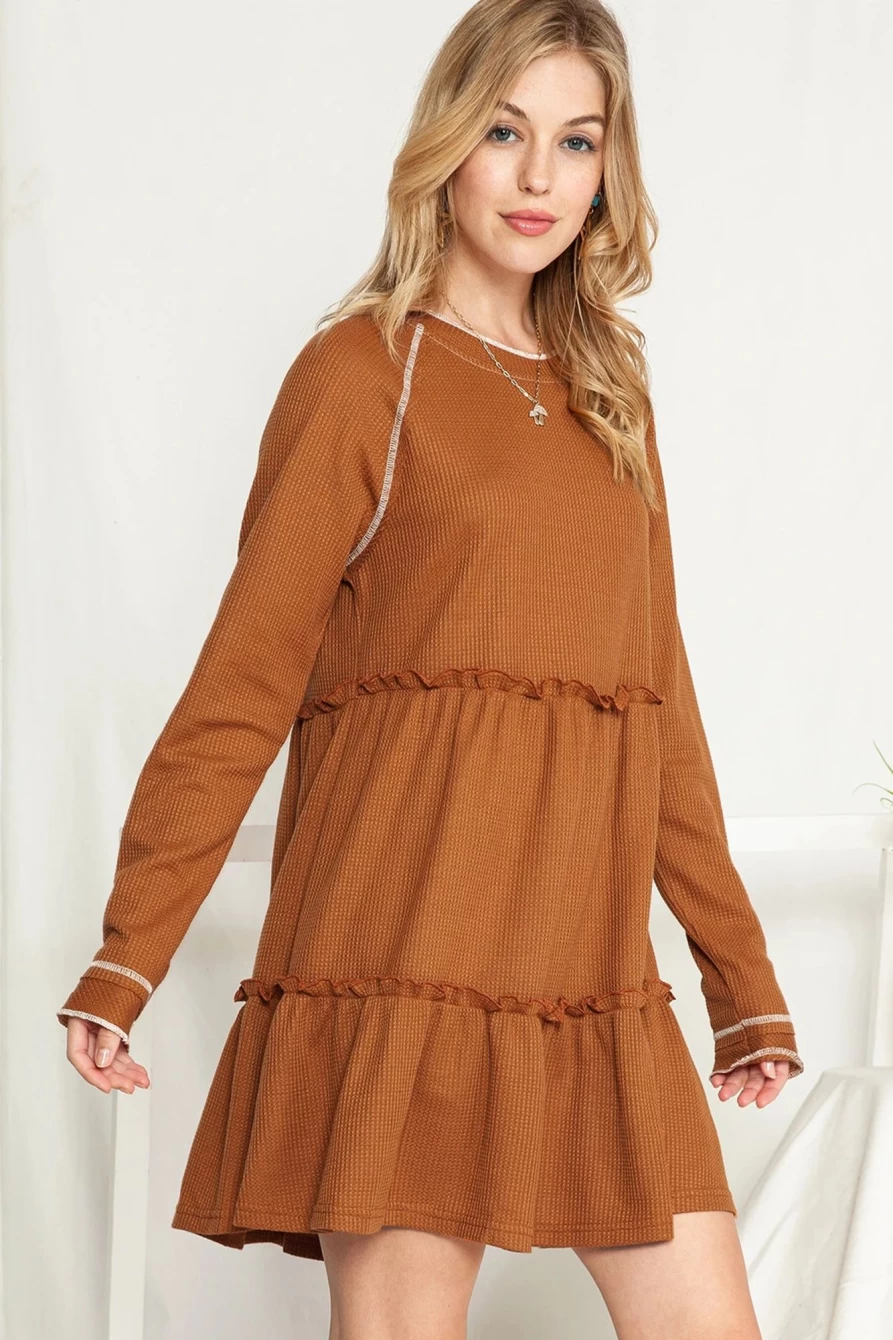 Shewin Women's Chestnut Textured Tiered Ruffled Mini Dress with Long Sleeves