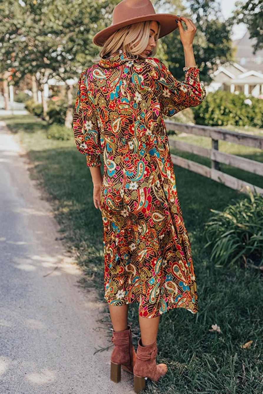 Shewin Women's Yellow Paisley Abstract Print Collared 3/4 Sleeve Midi Dress