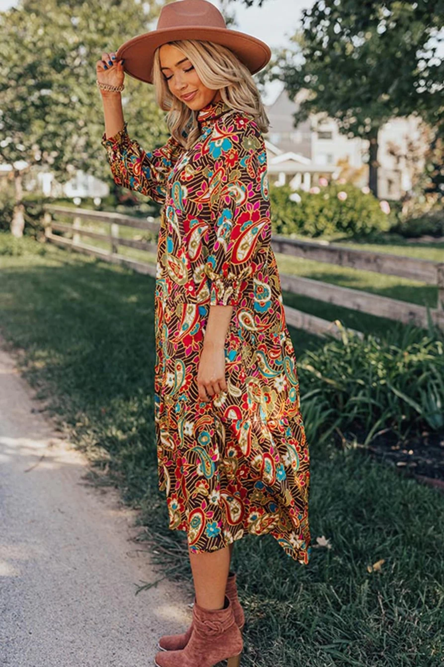 Shewin Women's Yellow Paisley Abstract Print Collared 3/4 Sleeve Midi Dress