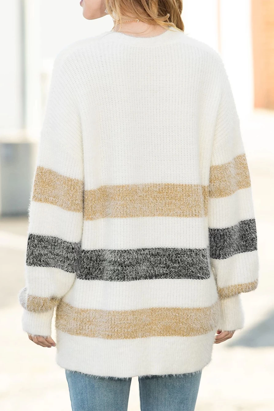 Shewin Women's Multicolor Striped Fuzzy Cardigan with Button Front