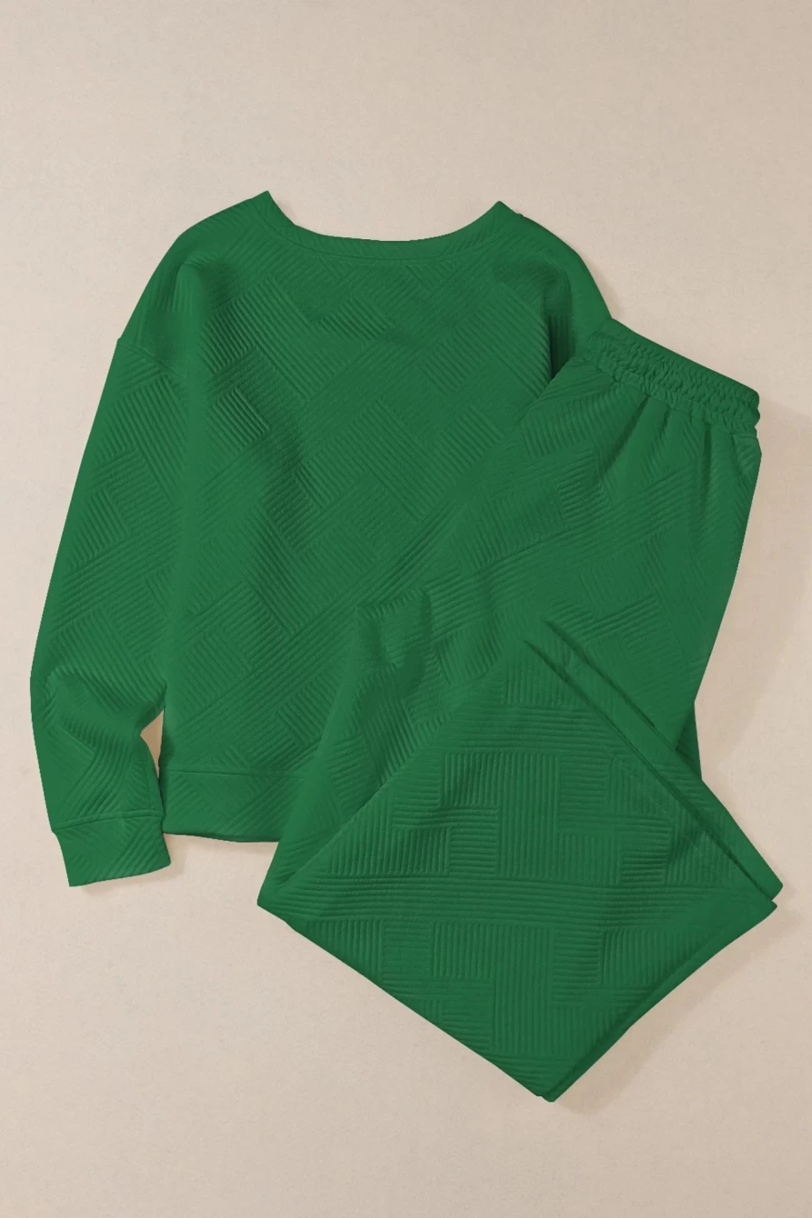 Shewin Women's Dark Green Textured Loose Slouchy Long Sleeve Top and Pants Set