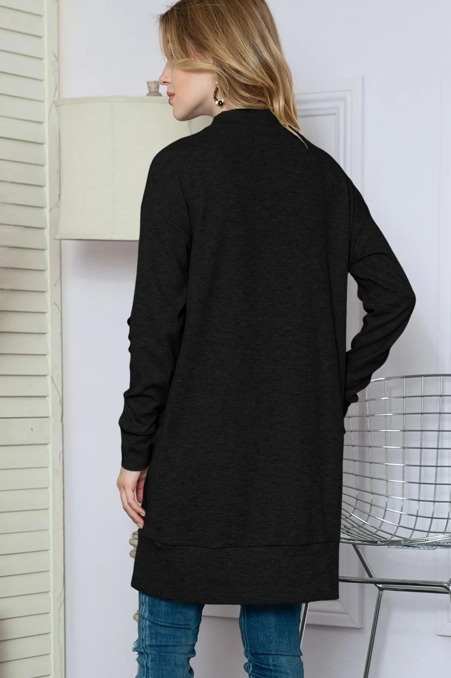Women's Black Ribbed Knit Long Cardigan with Pockets & Open Front - Shewin