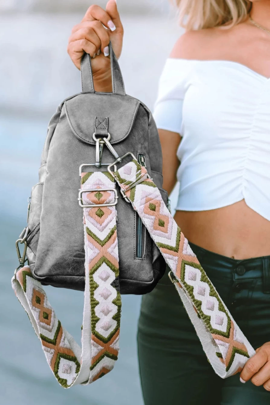Shewin Women's Gray Faux Leather Backpack with Double Zipper & Geometric Straps