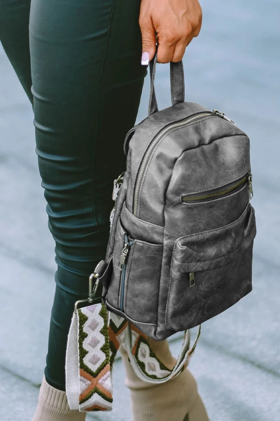 Shewin Women's Gray Faux Leather Backpack with Double Zipper & Geometric Straps